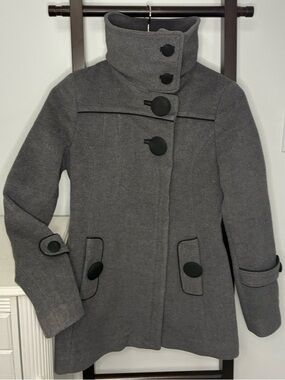 Soia & Kyo Gray High-Collar Wool blend Pea Coat Oversized Buttons | Size XS